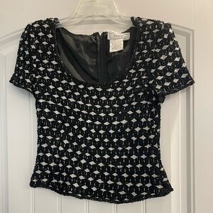 Papell Boutique Evening elegant top Womens med silk beaded silver black formal